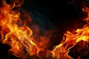ai gerado cativante fogo fechar-se do intenso chamas em uma Preto pano de fundo foto