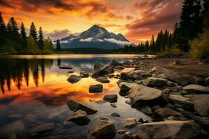 ai gerado caminhada refúgio Alto tatra montanha picos, calma lago, outono pôr do sol foto