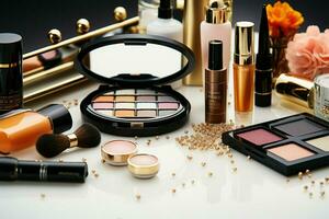 ai gerado Cosmético elegância uma conjunto do decorativo beleza produtos para indulgência foto