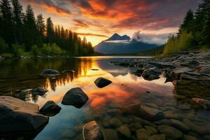 ai gerado colorida reflexão Alto tatra montanha lago, pôr do sol, outono caminhada beleza foto