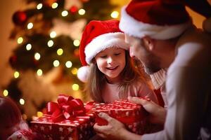 ai gerado feliz família com alegre Natal Magia presente perto árvore às tarde às casa foto