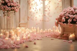 ai gerado uma sonhadores Casamento fundo, rosas, luz de velas, e espaço para duradouro compromissos foto