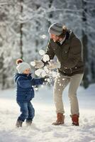 ai gerado pai e filho jogando bolas de neve, capturando a Magia do Nevado Diversão foto