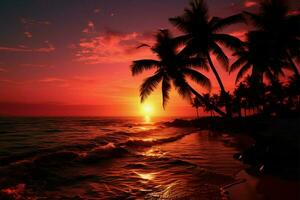 ai gerado tarde paraíso Palma árvore silhueta em uma pôr do sol beijou tropical de praia foto