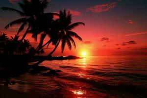 ai gerado tarde paraíso Palma árvore silhueta em uma pôr do sol beijou tropical de praia foto