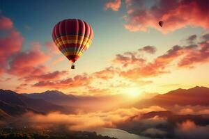 ai gerado transportado pelo ar alegria quente verão nascer do sol, balão viagem, natureza panorama liberdade foto