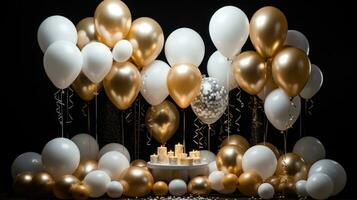 ai gerado elegante ouro e branco balão exibição conjunto contra uma Sombrio fundo foto