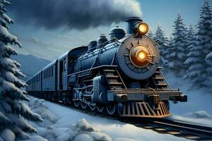 ai gerado inverno estrada de ferro 3d digital pintura captura vapor locomotiva dentro Nevado madeiras foto