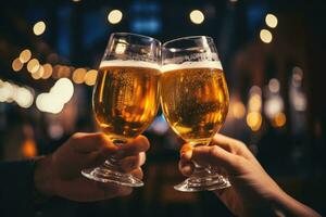 ai gerado fechar-se do dois mãos tilintar óculos do Cerveja com bokeh fundo, fechar-se Visão do dois óculos do Cerveja dentro mão, Cerveja óculos tilintar dentro bares ou bar, ai gerado foto