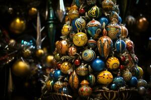 ai gerado Natal árvore enfeites em a Natal mercado dentro a cidade, Natal árvore com decorações, ai gerado foto