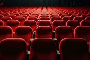ai gerado esvaziar cinema auditório com vermelho assentos. 3d Renderização, brilhante esvaziar vermelho assentos dentro cinema linhas, ai gerado foto