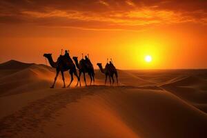 ai gerado camelo caravana dentro a sahara deserto às pôr do sol, Marrocos, África, camelo caravana em areia dunas dentro a árabe deserto com a dubai Horizonte às pôr do sol, ai gerado foto