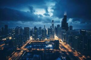 ai gerado aéreo Visão do moderno arranha-céus dentro a cidade às noite, Chicago Horizonte aéreo zangão Visão a partir de acima, ai gerado foto