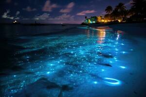 ai gerado lindo Visão do a de praia às noite com estrelado céu, bioluminescência, noite de praia cena dentro a Maldivas com bioluminescente plâncton iluminador a linha d'água, ai gerado foto