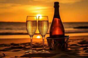 ai gerado dois óculos do champanhe em a de praia às pôr do sol. romântico fundo, champanhe garrafa e dois óculos em areia, às pôr do sol, ai gerado foto