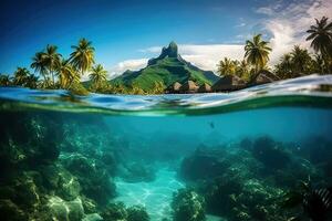 ai gerado tropical ilha com areia e Palma árvores embaixo da agua às pôr do sol, bora bora embaixo da agua, ai gerado foto