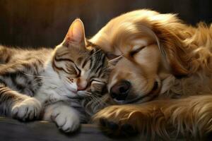 ai gerado dourado retriever e malhado gato dormindo juntos em Preto fundo, gato e cachorro pacificamente dormindo junto, ai gerado foto