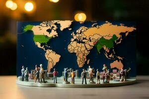 ai gerado aventura viagem miniatura pessoas explorando uma mundo mapa, viagem conceito foto