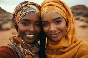 ai gerado dois africano mulheres em pé dentro frente do a Câmera levando uma selfie foto