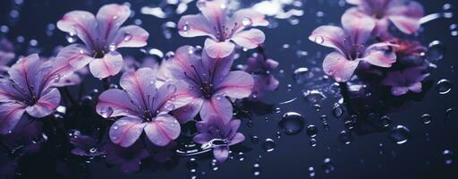 ai gerado chuva gotas flutuando dentro água perto roxa flores foto