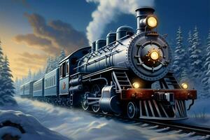 ai gerado inverno locomoção 3d digital pintura do uma vapor locomotiva dentro neve coberto floresta foto