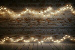 ai gerado sazonal elegância branco tijolo parede com deslumbrante luzes pano de fundo foto