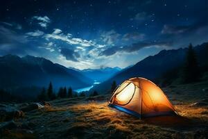 ai gerado montanha observar as estrelas natureza aventura debaixo a estrelado noite céu ao ar livre foto