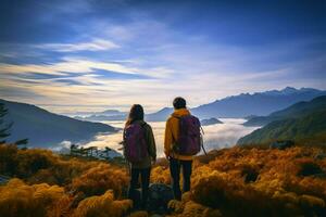 ai gerado ásia casais turistas com mochilas maravilha às montanha panorama Visão foto