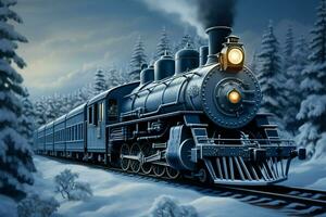 ai gerado digital inverno cena vapor locomotiva dentro Nevado floresta, 3d ilustração foto