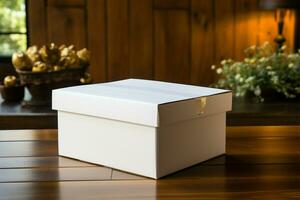 ai gerado minimalista elegância branco papel caixa em uma natural madeira fundo foto