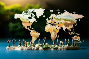 ai gerado viagem a mundo miniatura Viajantes caminhando em uma mundo mapa foto