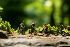 ai gerado ciclismo aventura miniatura pessoas equitação bicicletas ao ar livre, verde bokeh fundo foto