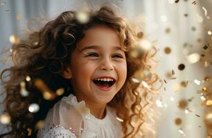 ai gerado pequeno menina sorridente e rindo enquanto uma prata balão explode foto