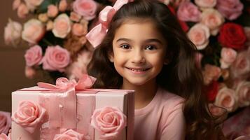 ai gerado pequeno menina segurando uma presente caixa com Rosa rosas foto