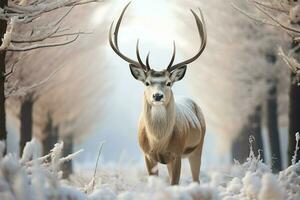 ai gerado tranquilo inverno cena uma veado dentro uma neve coberto campo foto