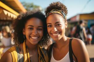 ai gerado dois mulheres levando uma selfie dentro a rua foto