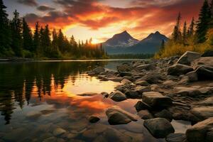 ai gerado caminhada refúgio Alto tatra montanha picos, calma lago, outono pôr do sol foto