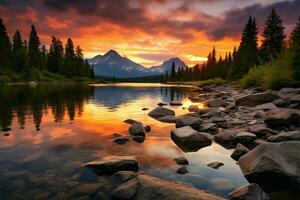 ai gerado tatra tranquilidade montanha lago, colorida pôr do sol, Alto tatra picos cena foto