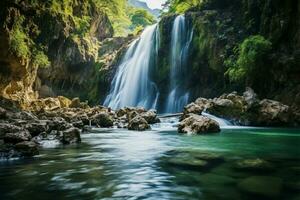 ai gerado viagem fuga kanchanaburi esmeralda cachoeira, jogkradin dentro a profundo floresta foto