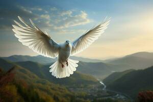 ai gerado naturezas mensageiro branco pomba dentro voo, incorporando esperança e pureza foto