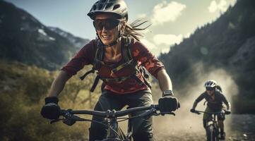 ai gerado uma mulher é equitação uma montanha bicicleta dentro a montanhas com uma pessoa dentro a fundo foto