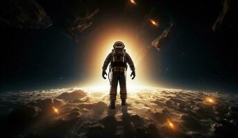 ai gerado a astronauta caminhando dentro a luz do a Sol foto