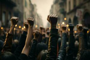 ai gerado humano desafio manifestantes levantar punhos dentro uma cidade fundo borrão foto