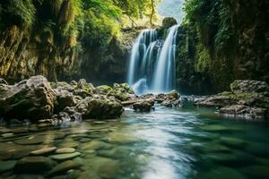 ai gerado viagem fuga kanchanaburi esmeralda cachoeira, jogkradin dentro a profundo floresta foto