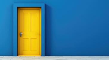 ai gerado brilhante amarelo porta senta em uma azul parede foto