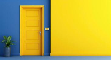 ai gerado brilhante amarelo porta senta em uma azul parede foto