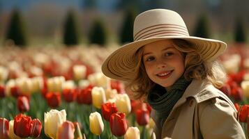 ai gerado uma menina dentro uma chapéu e casaco em pé no meio uma campo do vibrante tulipas, desfrutando a beleza do natureza. generativo ai foto