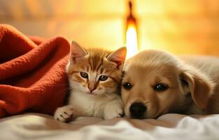 ai gerado uma gatinho e uma cachorro abraço em uma branco roupa de cama foto