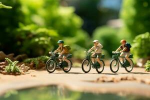 ai gerado desportivo passeio miniatura pessoas equitação bicicletas com uma vibrante verde fundo foto