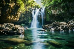 ai gerado viagem fuga kanchanaburi esmeralda cachoeira, jogkradin dentro a profundo floresta foto